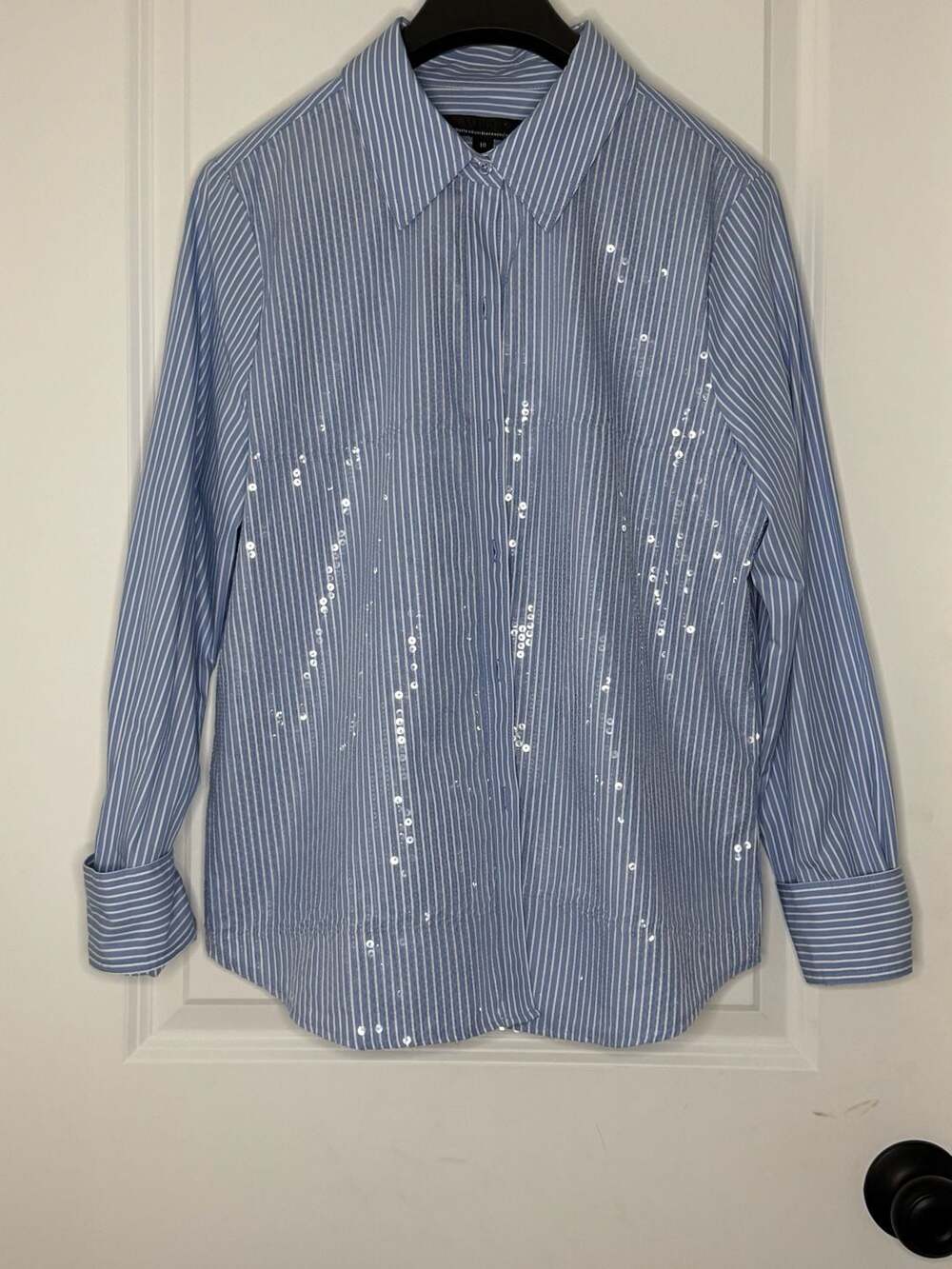 White House Black Market Sequin Striped Poplin Shirt Size 10 Blue